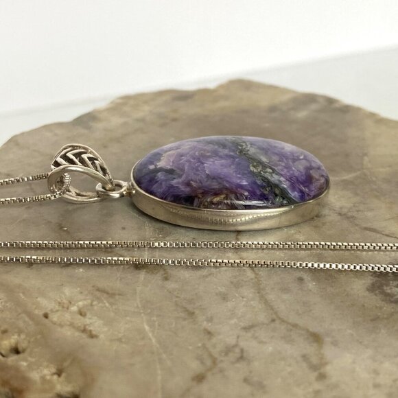 Sterling Silver 925 Oval Bezel Set Purple Charoite Pendant Necklace 22" Chain - Picture 11 of 16